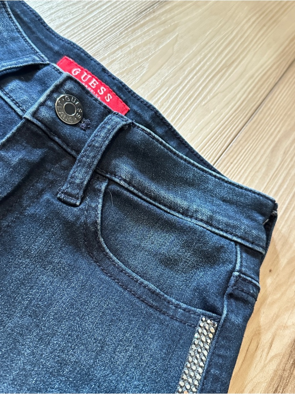 Guess Women's Dark Wash Skinny Jeans with Rhinestone Trim